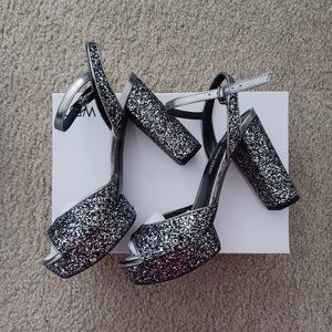Nine West Gail Glitter Platform Sandals, 6.5M, Pewter Multi-Texture, NIB